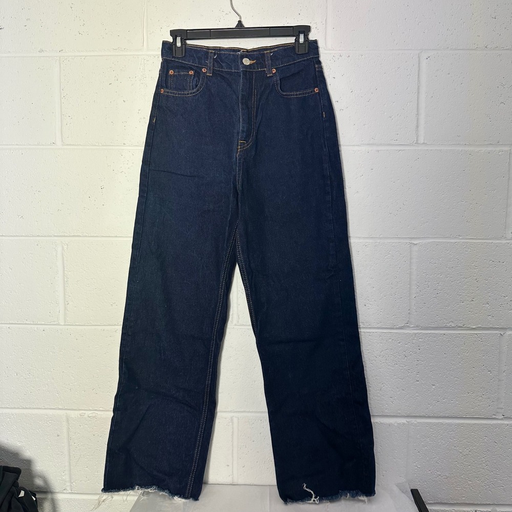 Zara Womens High Rise Wide Leg Dark Wash Denim Jeans Raw Hem Indigo Size 4